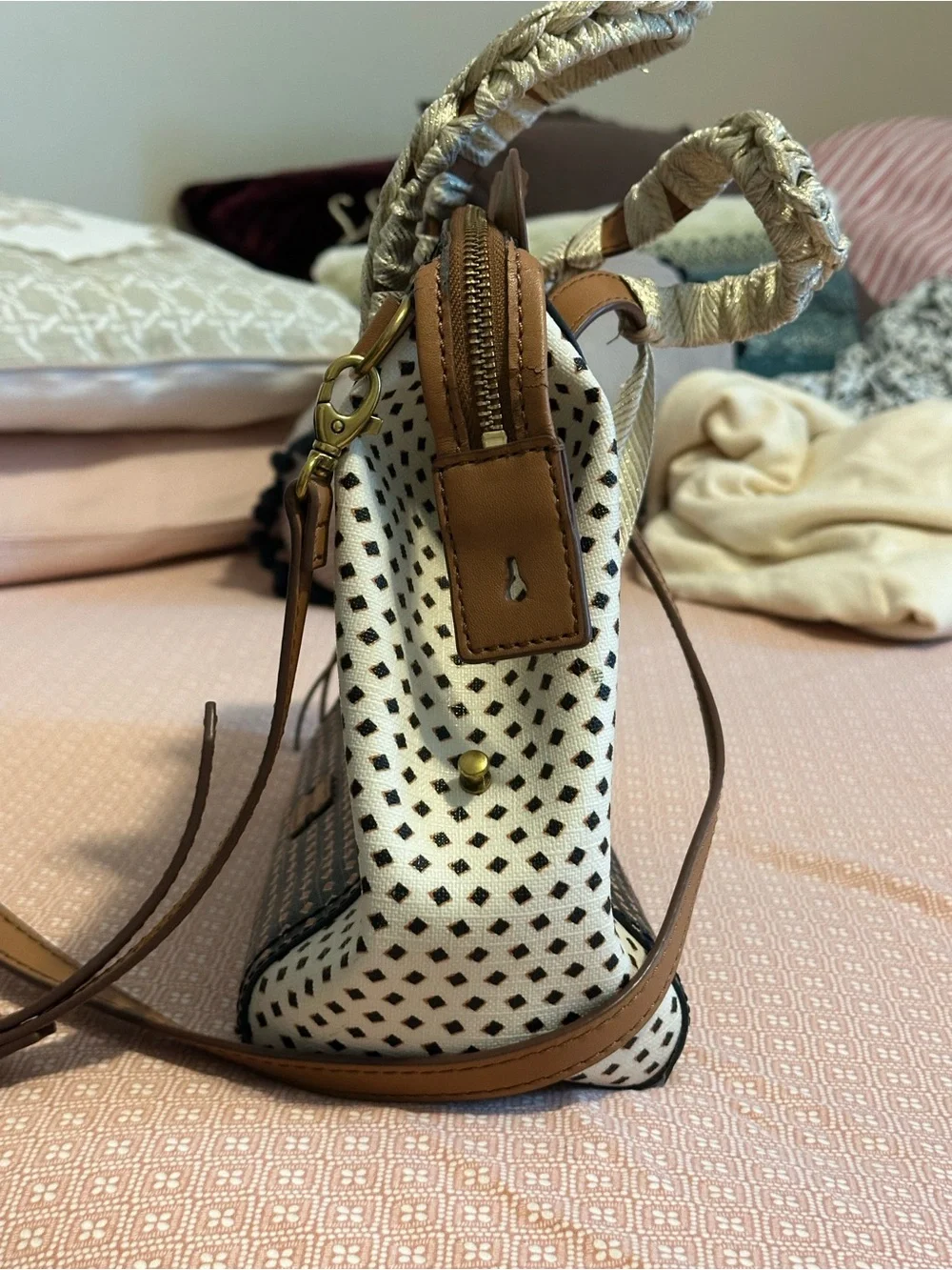 Fossil Black and Tan Patterned Satchel with White Sides